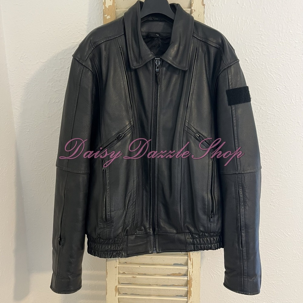 🏍️River Road Men's Leather MC Jacket‎ Sz 46 Black W/ Thinsulate Liner HD Patch